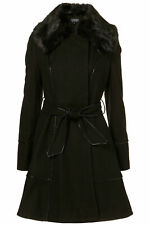 TOPSHOP Black Fur Collar Fit & Flare Full Skirted Piped Riding Wool Coat UK10 38