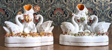 19th Century Pair Staffordshire Swan Cygnet Spill Vases Ceramic Pottery Antique