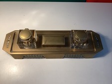GES GESCH DOUBLE BRASS INKWELL WITH STAMP BOX & GLASS WELLS