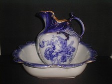 Royal Doulton Burslem Blue & White Wash Bowl & Jug 1891 Antique Gloire de Dijon