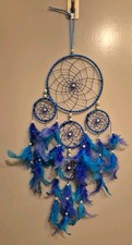 Large Blue Dreamcatcher With Feathers & Beads Excellent Condition