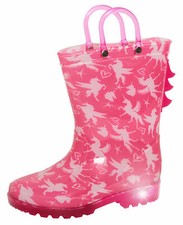 Girls Dinosaur / Unicorn Light Up Wellington Boots Kids Pink Wellies+ Handles   