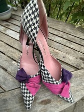 RUSSELL BROMLEY Y2K BLACK WHITE HOUNDSTOOTH TWEED LEATHER PINK BOW HEELS SHOES 6