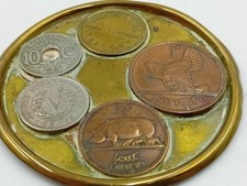 Vintage Brass Trinket Dish featuring  Irish, French, US Coins