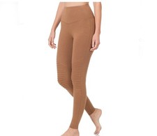 Zenana Wide Waistband High Rise Full Length Moto Active Lounge Leggings Brown XL