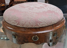 Vintage Walnut Footstool with Dusky Pink Damask Fabric & Brass Bumpers
