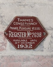 VINTAGE ENAMEL SIGN GENUINE THAMES CONSERVANCY 1932 PRIVATE PLEASURE VESSEL
