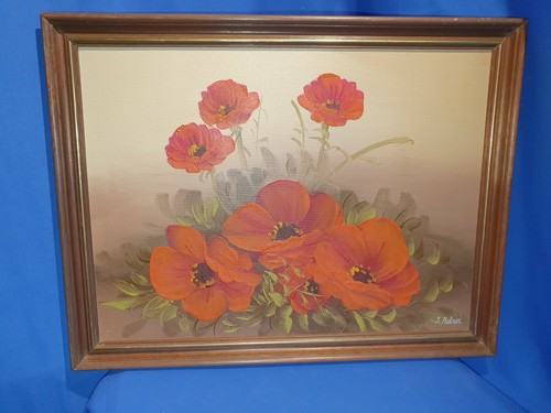 Small framed oil poppies on - of,