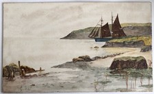G Holt Antique Watercolour Coastal Scene with Schooner c.1890 Maritime Painting