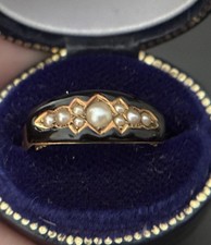 18k Yellow Gold Antique Mourning Ring With Seed Pearl And Enamel, Birmingham