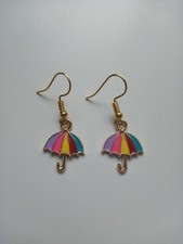 Rainbow Umbrella Dangle Earrings - Gold Colour 