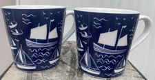 M&S Nautical Blue Sailboat, Lighthouse And Bird Mugs x2 Set A