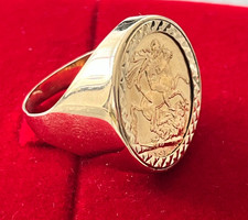 STUNNING 1914  Gold Full Sovereign Ring 9ct Mount + 22ct coin Size V  16.5 grams