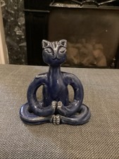 Vintage Studio Pottery Meditating Sitting Cat Figurine With Blue Glaze Stamped