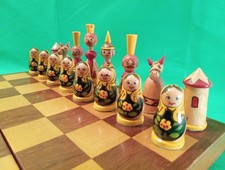 Russian Matryoshka Babushka Doll Wooden Chess Set Painted Yellow Red Box Board