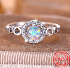 Real Sterling Silver Ring + Box White Fire Opal Round Halo Sparkly Zircon Dainty