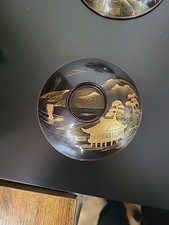 Signed Vintage Japanese Lacquer Bowls x6 – Gold Maki-e Pagoda & Landscape