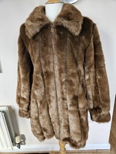 Dennis Basso Brown Faux Fur Coat XL UK 18 Stiped Pile Mid Length Jacket Pockets