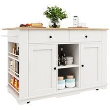 ROLLING KITCHEN ISLAND STORAGE CABINET CUPBOARD WITH DROP LEAF, SIDE RACKS WHITE