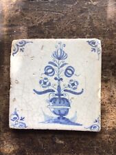 17th c Delft Floral Blue & White Tile Turkish Rose in Vase Superb Piece