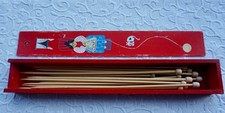 Vintage Wooden Red Sliding Knitting Needle Storage Box & Lot of Bamboo Needles