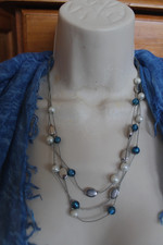 LAURA ASHLEY Pretty Long Chain Necklace Silver Tone With Blue Station Beads 22"