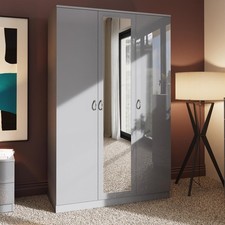 Grey Gloss 3 Door Triple Wardrobe with Full Length Mirror Hanging Rail & Shelves