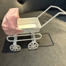 Dolls House White Pram With A Pink Hood 1:12 Scale Miniature Nursery 