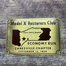 VTG Ford Model A Restorers Club Metal Badge Car Plate 1959 Zanesville Penn-Ohio