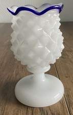 Vintage Opaque Milk Glass Bud Vase With Blue Line Decoration Round Top