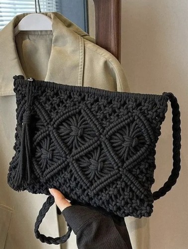 Black straw crossbody - black,