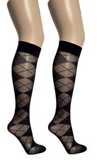 3 or 6 Pair of Jonathan Aston Argyle Patterned Knee Highs One Size Black