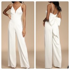Y2K Lulus Angelic Satin Bow Back Jumpsuit White XS Wedding Party Pantsuit Pants