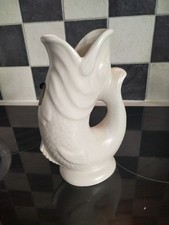 Dartmouth Devon Pottery Gluggle Fish Jug Vase Vintage 19 cm WHITE Vintage