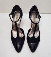 BUFFALO SIZE 4UK EUR37 WOMENS BLACK SUEDE MID STILETTO HEEL T-BAR SANDALS SHOES