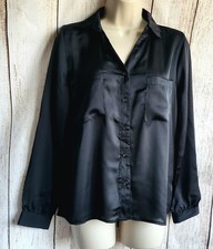 Plain Black Shiny Satin Look Long Sleeved Shirt, Collared, Size 14, FREE POSTAGE