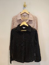 QVC Michele Hope 2 X Crochet Sequin Lace Shirt Size 10-12 Black & Beige