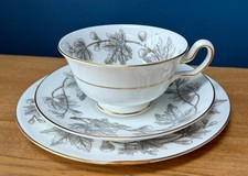 Wedgwood Ashford Grey Trio Set Peony Shaped Cup with Saucer & Plate Gold Edged