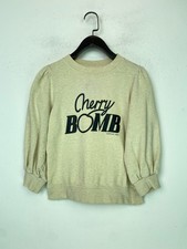 Ganni Beige Pink Crew Neck Jumper Sweatshirt Puff Sleeve Cherry Bomb  UK XS