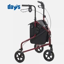 NEW Days Lightweight Aluminium Tri Wheel 3 Wheeled Walker With Shopping Bag Red