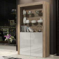 Display Cabinet 100cm Oak Matt Body White Gloss Doors Modern Storage Unit