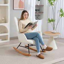 Rocking Chair with Solid Wood Legs and Metal Frame for Living Room, Cream