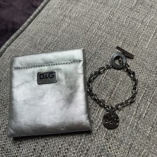 D&G Vintage Dog Tag Coin Disc Stainless Steel Chunky Bracelet T Bar & Pouch