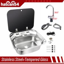 Stainless Steel Hand Wash Sink W/ Glass Lid & Faucet for Campervan Caravan RV