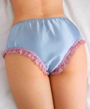 Womens Baby Blue Shiny Silky Satin Frilly Pink Bow Panties CD TV Knickers S 8