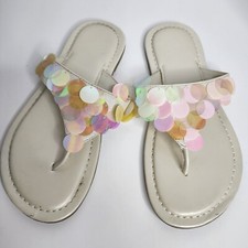 Size 7 Womens Irridescent Sequined Flip Flops Cream Slip On Sandals Sparkle 