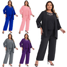 Plus Size Women Wedding Guest Pants Suit 3 Pieces Set Chiffon Lace Evening Party