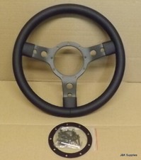 SUPERLITE BLACK LEATHER STEERING WHEEL BLACK 3 SPOKE CENTRE - 13" - SEMI-DISH
