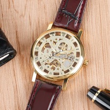 WINNER Mens Transparent Mechanical Watches Hand Wind up Skeleton Leather Watch