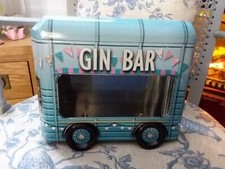 Retro Blue - Gin Bar - Horse Box - Empty Tin Gift Box Collectable Moving Wheels